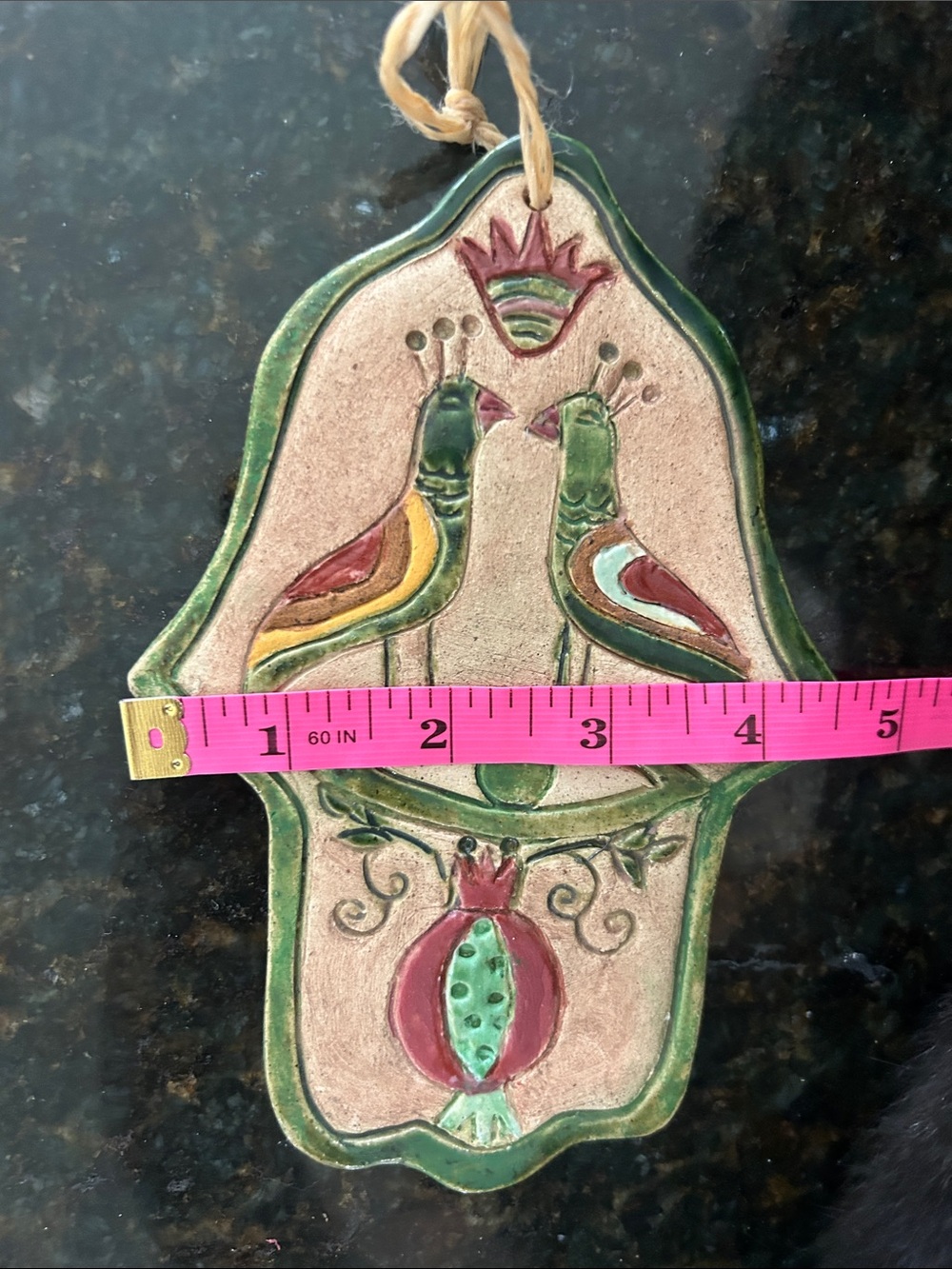 Hand-Painted Ceramic Hamsa Bird Wall Hanging in Green and Pink - Picture 4 of 6